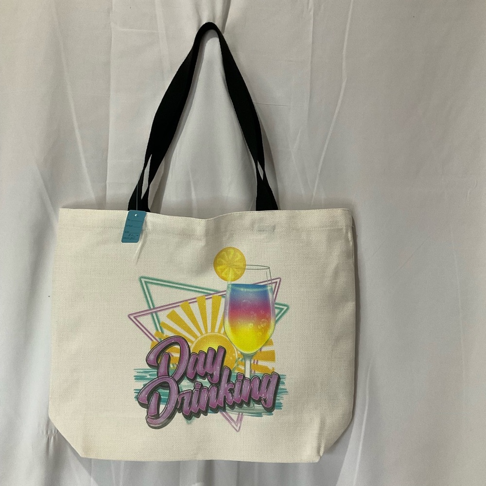 Handmade Canvas Tote Bag, Day Drinking Summer 15” X 18” X 5” Large Capacity